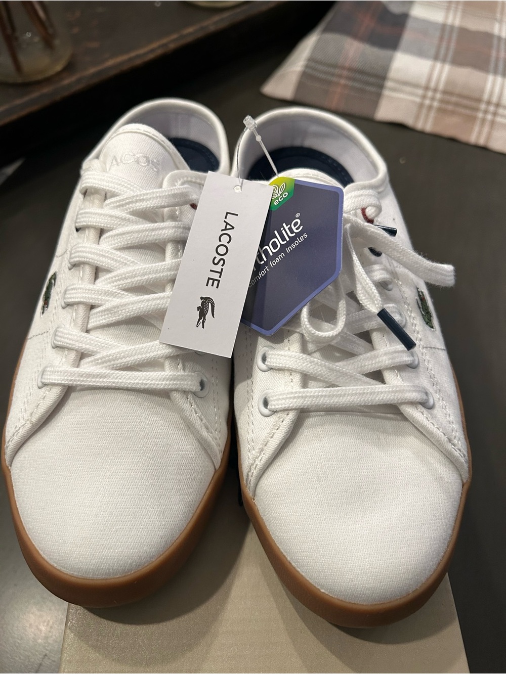 Lacoste White Canvas Sneakers with Brown Gum Sole